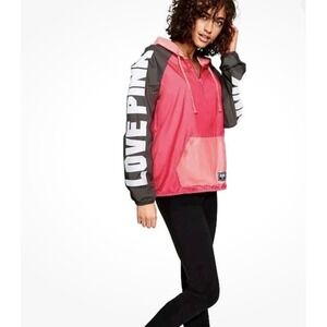 Victorias Secret PINK Half Zip Windbreaker Hooded Jacket Pink Grey Anorak M NEW